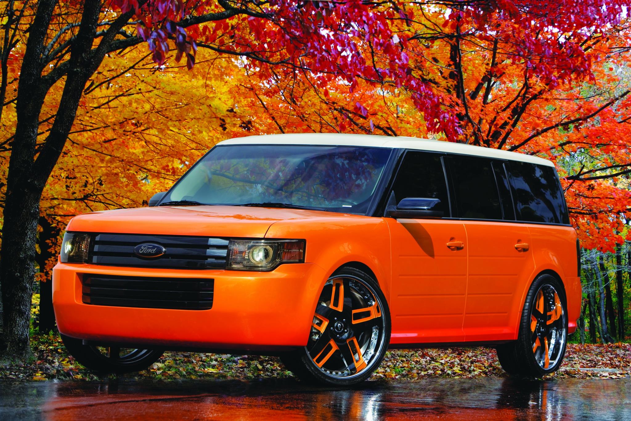 Orange Spice 2009 Ford Flex -  3-pc 24” Forgiato wheels, G.A.S. custom front bumper:, Pearl White roof :, ,  HID headlamps:, BASF Butterscotch Orange candy paint :